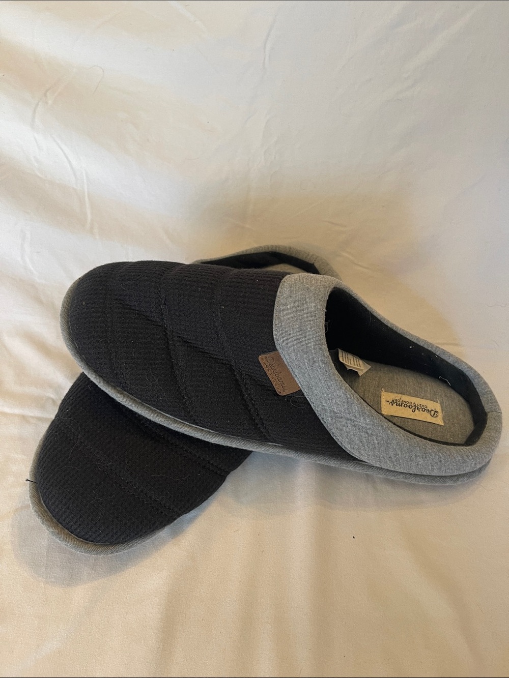 Men's Black Slip-On Quilted House Shoes with Grey Trim dearfoams